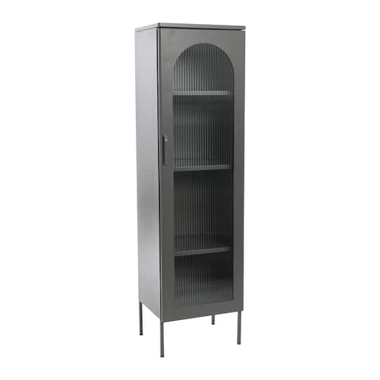 Solstice Tall Metal Accent Cabinet with 3 Adjustable Storage Shelves and Arched Glass Door, Grey
